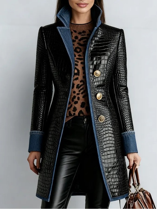 REVOLVE Jackets & Blazers - Revolve Attrime Black Croc-Embossed Vegan Leather Coat with Denim Trim